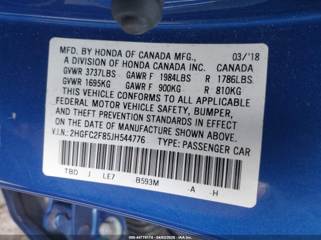 Продажа на аукционе авто 2018 Honda Civic Ex, vin: 2HGFC2F85JH544776, номер лота: 44778174