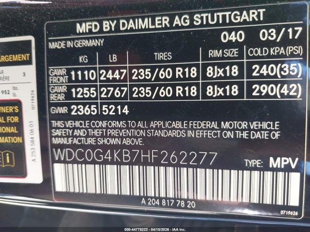 2017 Mercedes-benz Glc 300 4matic მანქანა იყიდება აუქციონზე, vin: WDC0G4KB7HF262277, აუქციონის ნომერი: 44778222
