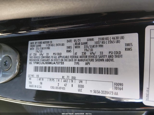 Продажа на аукционе авто 2021 Ford Escape Titanium, vin: 1FMCU9J99MUA70755, номер лота: 44778225