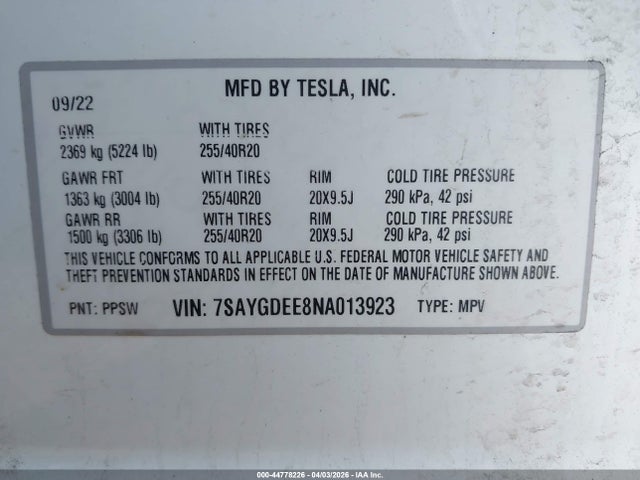 44778226 :رقم المزاد ، 7SAYGDEE8NA013923 vin ، 2022 Tesla Model Y Long Range Dual Motor All-wheel Drive مزاد بيع