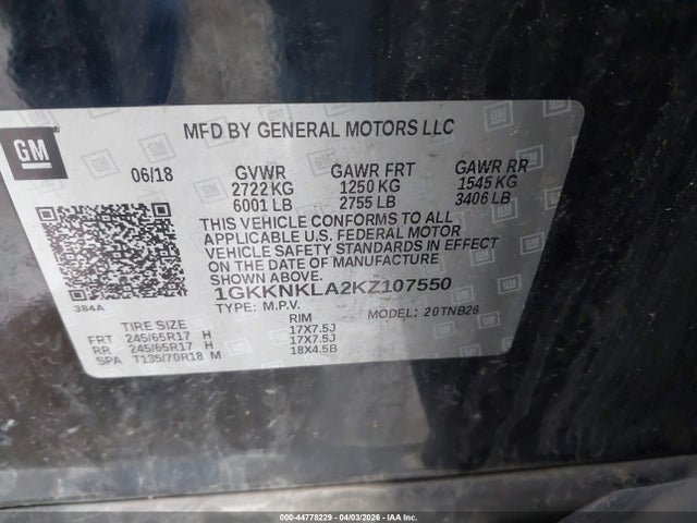 Продаж на аукціоні авто 2019 Gmc Acadia Sle-1, vin: 1GKKNKLA2KZ107550, номер лоту: 44778229