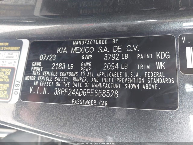 44778238 :رقم المزاد ، 3KPF24AD6PE668528 vin ، 2023 Kia Forte Lxs مزاد بيع