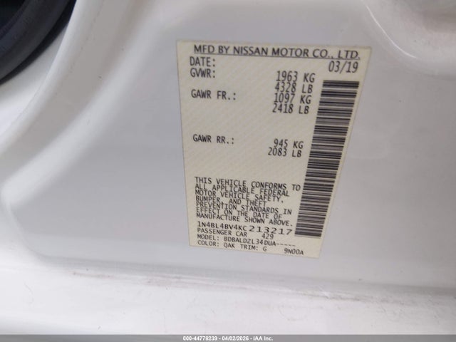 2019 Nissan Altima 2.5 S მანქანა იყიდება აუქციონზე, vin: 1N4BL4BV4KC213217, აუქციონის ნომერი: 44778239
