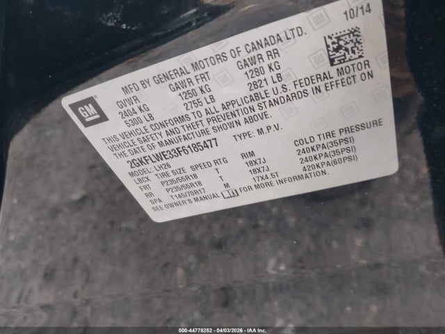 Продажа на аукционе авто 2015 Gmc Terrain Sle-2, vin: 2GKFLWE33F6185477, номер лота: 44778252