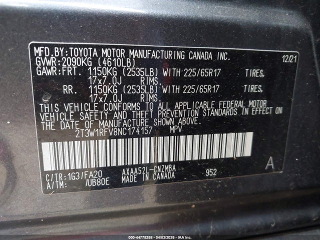 Aukcja sprzedaży 2022 Toyota Rav4 Xle, vin: 2T3W1RFV8NC174157, numer aukcji: 44778258