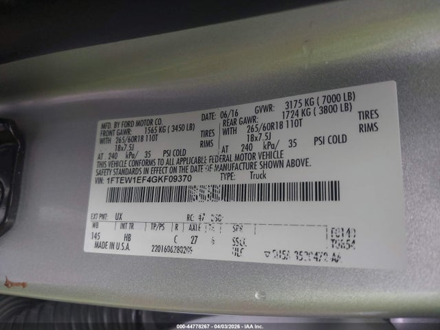 2016 Ford F-150 Lariat მანქანა იყიდება აუქციონზე, vin: 1FTEW1EF4GKF09370, აუქციონის ნომერი: 44778267