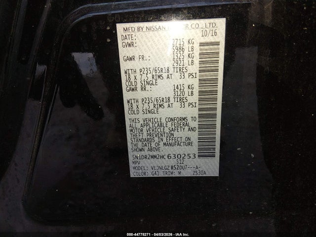 Продажа на аукционе авто 2017 Nissan Pathfinder Sl, vin: 5N1DR2MM2HC630253, номер лота: 44778271