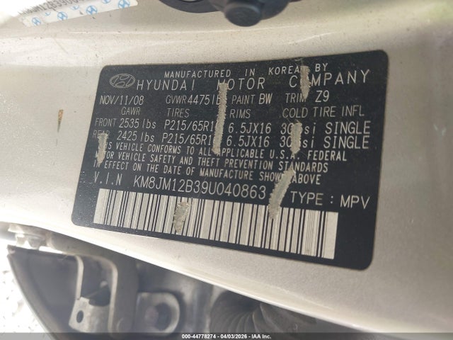 Aukcja sprzedaży 2009 Hyundai Tucson Gls, vin: KM8JM12B39U040863, numer aukcji: 44778274