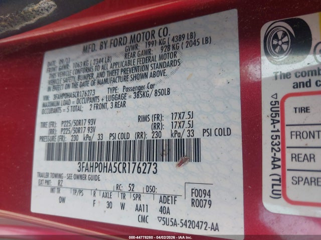 44778280 :رقم المزاد ، 3FAHP0HA5CR176273 vin ، 2012 Ford Fusion Se مزاد بيع