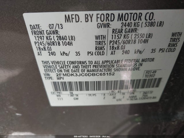 2013 Ford Edge Sel მანქანა იყიდება აუქციონზე, vin: 2FMDK3JC0DBC65152, აუქციონის ნომერი: 44778283