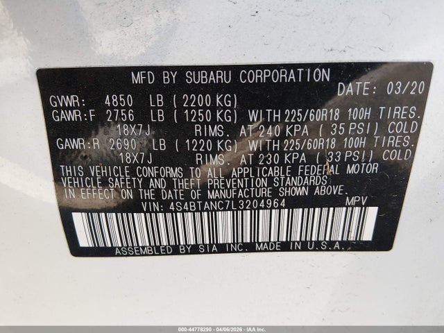 2020 Subaru Outback Limited მანქანა იყიდება აუქციონზე, vin: 4S4BTANC7L3204964, აუქციონის ნომერი: 44778290