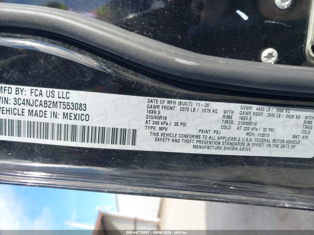 Продаж на аукціоні авто 2021 Jeep Compass Sport Fwd, vin: 3C4NJCAB2MT553083, номер лоту: 44778297