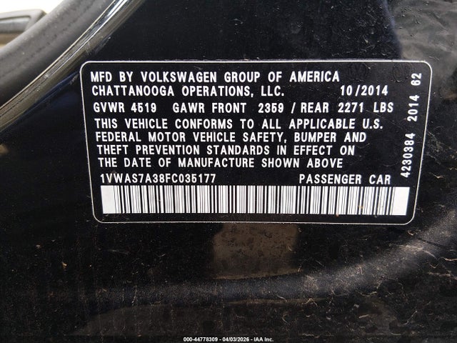 Aukcja sprzedaży 2015 Volkswagen Passat 1.8t Wolfsburg Edition, vin: 1VWAS7A38FC035177, numer aukcji: 44778309