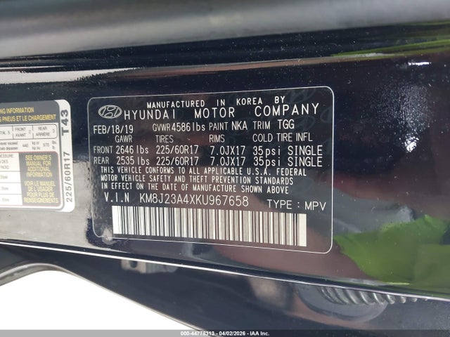 Aukcja sprzedaży 2019 Hyundai Tucson Se, vin: KM8J23A4XKU967658, numer aukcji: 44778313