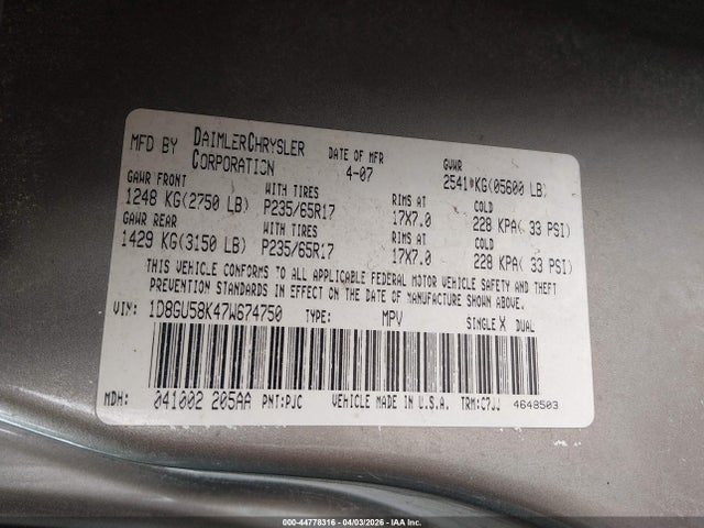 Aukcja sprzedaży 2007 Dodge Nitro Slt/rt, vin: 1D8GU58K47W674750, numer aukcji: 44778316