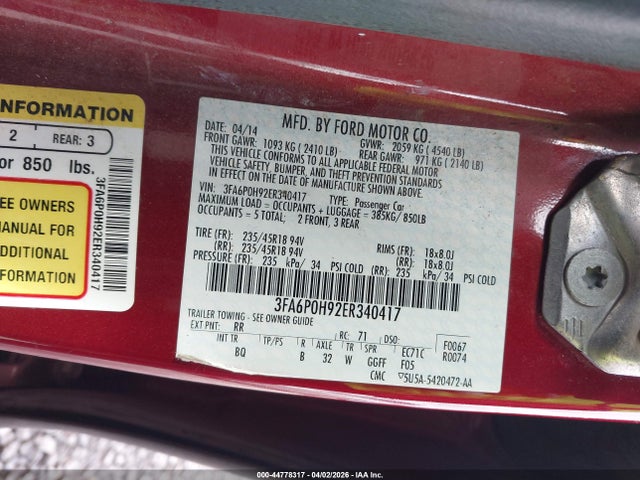 Ford FUSION SE 2014 3FA6P0H92ER340417 Image 9