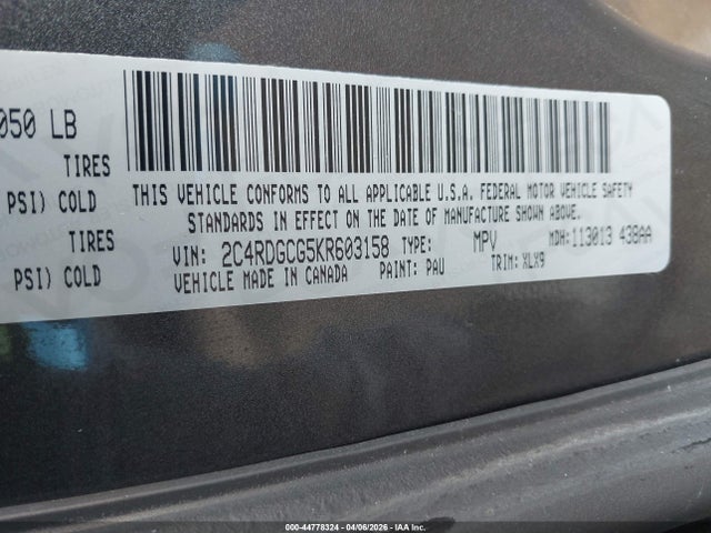Продажа на аукционе авто 2019 Dodge Grand Caravan Sxt, vin: 2C4RDGCG5KR603158, номер лота: 44778324