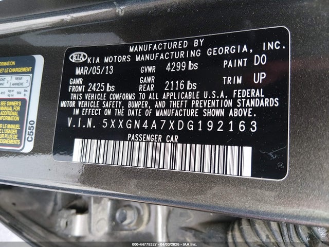 2013 Kia Optima Ex მანქანა იყიდება აუქციონზე, vin: 5XXGN4A7XDG192163, აუქციონის ნომერი: 44778327