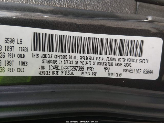 Aukcja sprzedaży 2014 Dodge Durango Limited, vin: 1C4RDJDG0EC287399, numer aukcji: 44778340