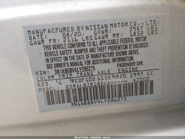 Продаж на аукціоні авто 2020 Nissan Sentra S Xtronic Cvt, vin: 3N1AB8BV4LY286275, номер лоту: 44778348
