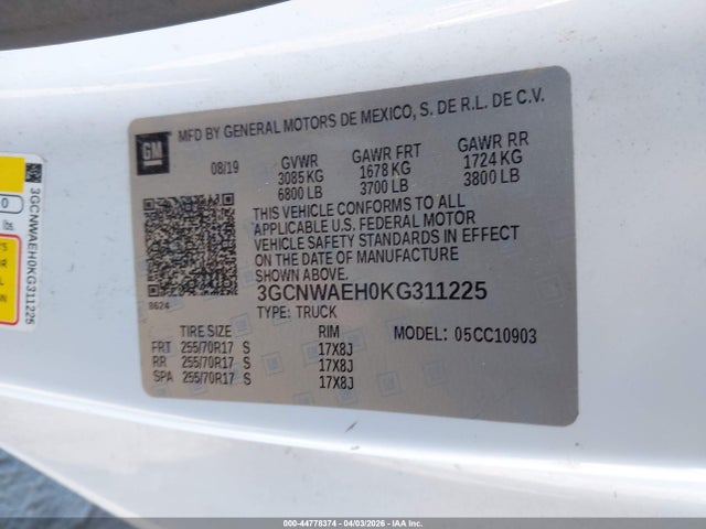 3GCNWAEH0KG311225 Chevrolet Silverado 1500 Work Truck