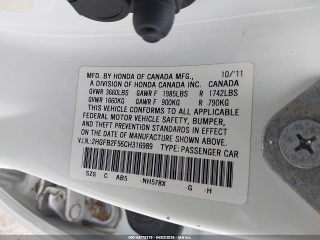 2012 Honda Civic Lx მანქანა იყიდება აუქციონზე, vin: 2HGFB2F56CH316989, აუქციონის ნომერი: 44778379
