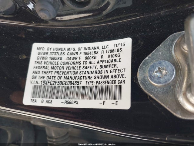 44778380 :رقم المزاد ، 19XFC2F50GE004857 vin ، 2016 Honda Civic Lx مزاد بيع