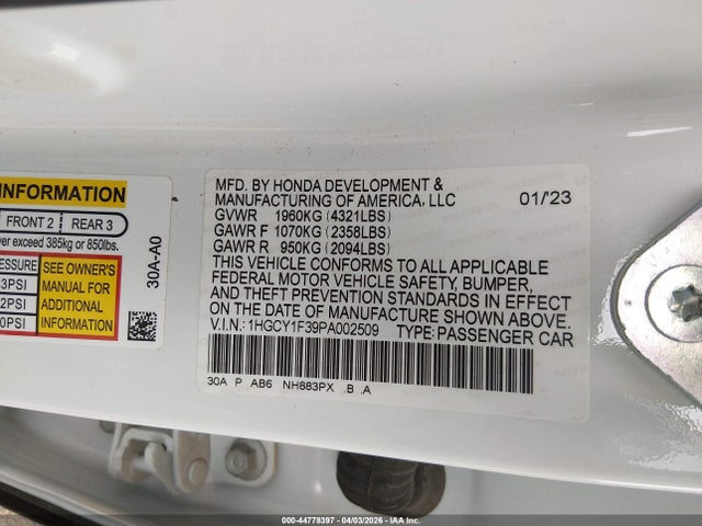 1HGCY1F39PA002509 Honda ACCORD EX