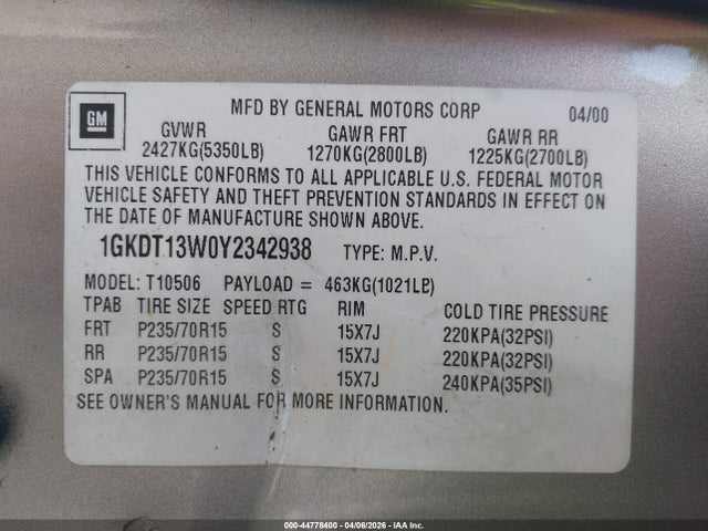 Aukcja sprzedaży 2000 Gmc Jimmy Slt, vin: 1GKDT13W0Y2342938, numer aukcji: 44778400