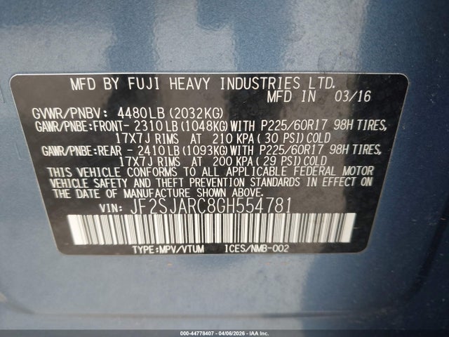 44778407 :رقم المزاد ، JF2SJARC8GH554781 vin ، 2016 Subaru Forester 2.5i Limited مزاد بيع