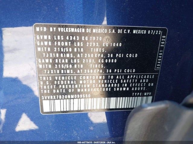 Продажа на аукционе авто 2022 Volkswagen Taos 1.5t Se, vin: 3VVRX7B20NM099550, номер лота: 44778410