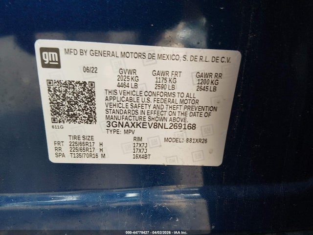 44778427 :رقم المزاد ، 3GNAXKEV8NL269168 vin ، 2022 Chevrolet Equinox Fwd Lt مزاد بيع
