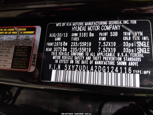 2013 HYUNDAI SANTA FE 5XYZUDLA2DG124116 Photo 8