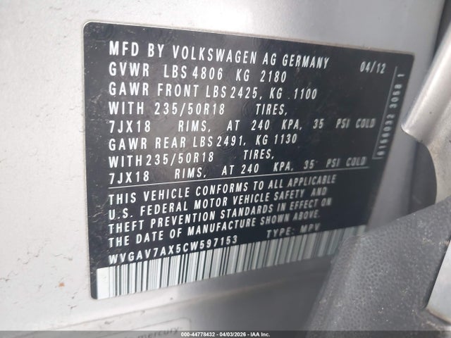 Продажа на аукционе авто 2012 Volkswagen Tiguan Se, vin: WVGAV7AX5CW597153, номер лота: 44778432