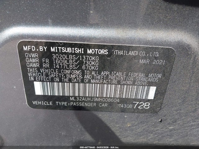 Aukcja sprzedaży 2021 Mitsubishi Mirage Carbonite Edition/es/le, vin: ML32AUHJ9MH008604, numer aukcji: 44778440