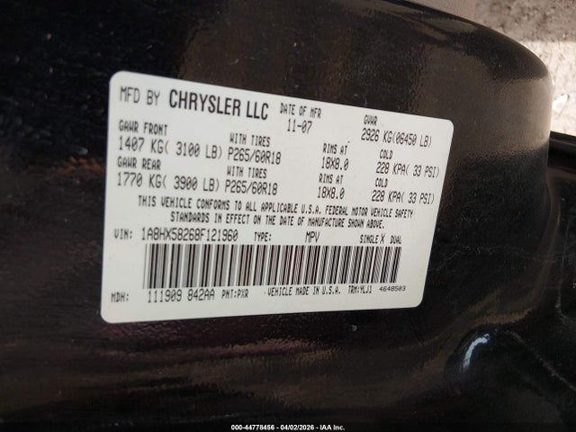 Auction sale of the 2008 Chrysler Aspen Limited, vin: 1A8HX58268F121960, lot number: 44778456