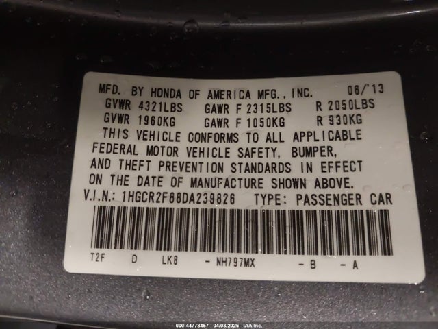 2013 Honda Accord Ex-l მანქანა იყიდება აუქციონზე, vin: 1HGCR2F88DA239826, აუქციონის ნომერი: 44778457