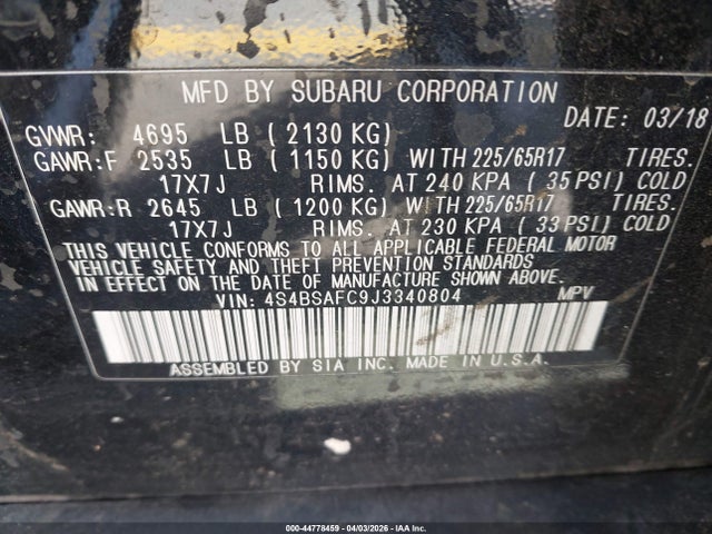 Продажа на аукционе авто 2018 Subaru Outback 2.5i Premium, vin: 4S4BSAFC9J3340804, номер лота: 44778459