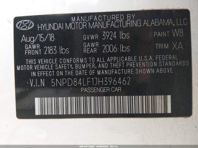 44778460 :رقم المزاد ، 5NPD84LF1JH396462 vin ، 2018 Hyundai Elantra Value Edition مزاد بيع