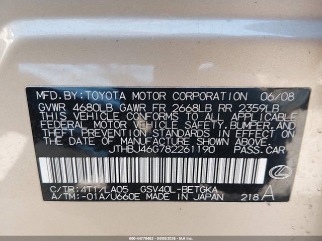 2008 Lexus Es 350 მანქანა იყიდება აუქციონზე, vin: JTHBJ46G782261190, აუქციონის ნომერი: 44778462