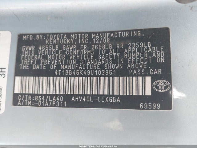 Aukcja sprzedaży 2009 Toyota Camry Hybrid, vin: 4T1BB46K49U103961, numer aukcji: 44778503