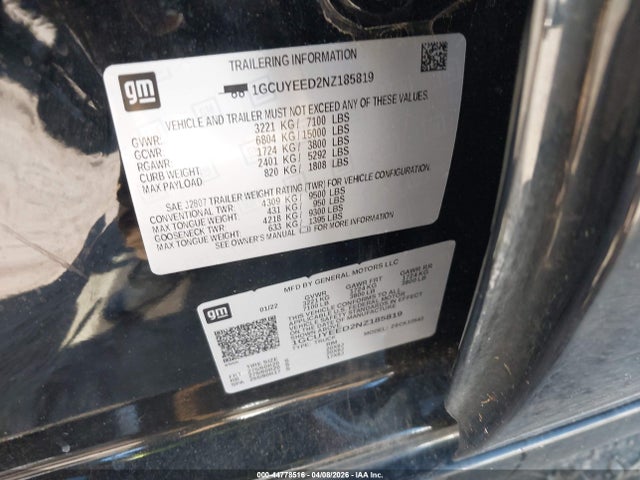 44778516 :رقم المزاد ، 1GCUYEED2NZ185819 vin ، 2022 Chevrolet Silverado 1500 Ltd 4wd  Short Bed Rst مزاد بيع