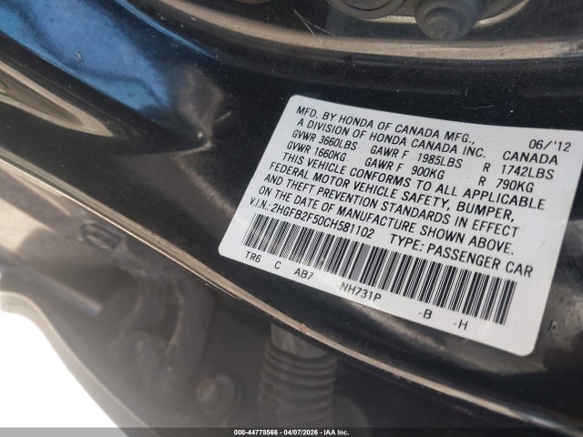 Aukcja sprzedaży 2012 Honda Civic Lx, vin: 2HGFB2F50CH581102, numer aukcji: 44778566