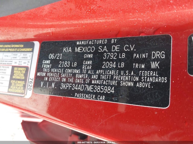 Auction sale of the 2021 Kia Forte Gt-line, vin: 3KPF34AD7ME385984, lot number: 44778574