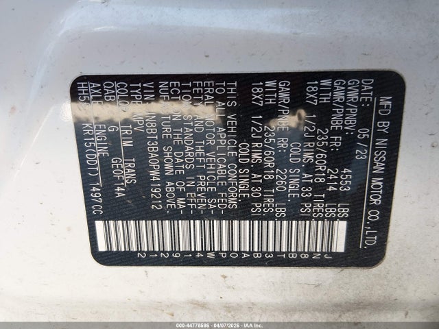 44778586 :رقم المزاد ، JN8BT3BA0PW419212 vin ، 2023 Nissan Rogue Sv Fwd مزاد بيع