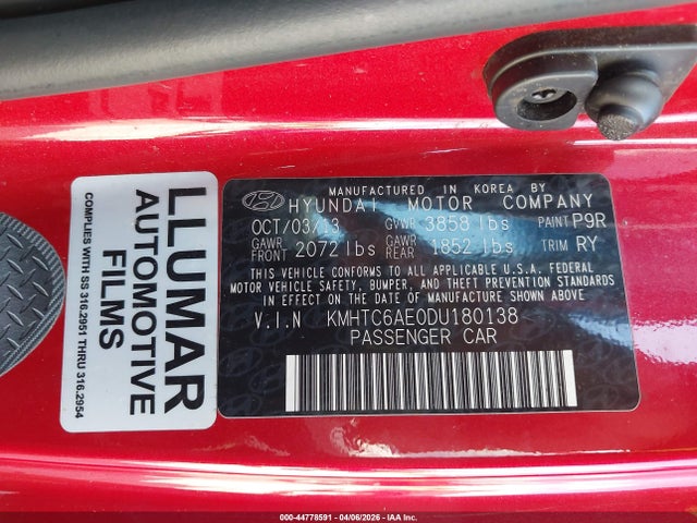 2013 Hyundai Veloster Turbo W/black მანქანა იყიდება აუქციონზე, vin: KMHTC6AE0DU180138, აუქციონის ნომერი: 44778591