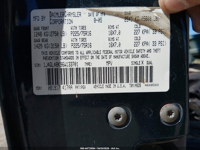 44778594 :رقم المزاد ، 1J4GL48K96W133701 vin ، 2006 Jeep Liberty Sport مزاد بيع