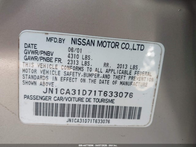 2001 Nissan Maxima Gle მანქანა იყიდება აუქციონზე, vin: JN1CA31D71T633076, აუქციონის ნომერი: 44778596