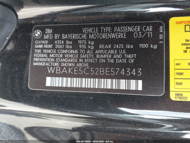 Продаж на аукціоні авто 2011 Bmw 328i, vin: WBAKE5C52BE574343, номер лоту: 44778598