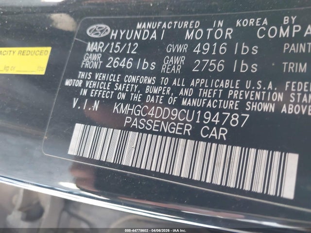 Aukcja sprzedaży 2012 Hyundai Genesis 3.8, vin: KMHGC4DD9CU194787, numer aukcji: 44778602